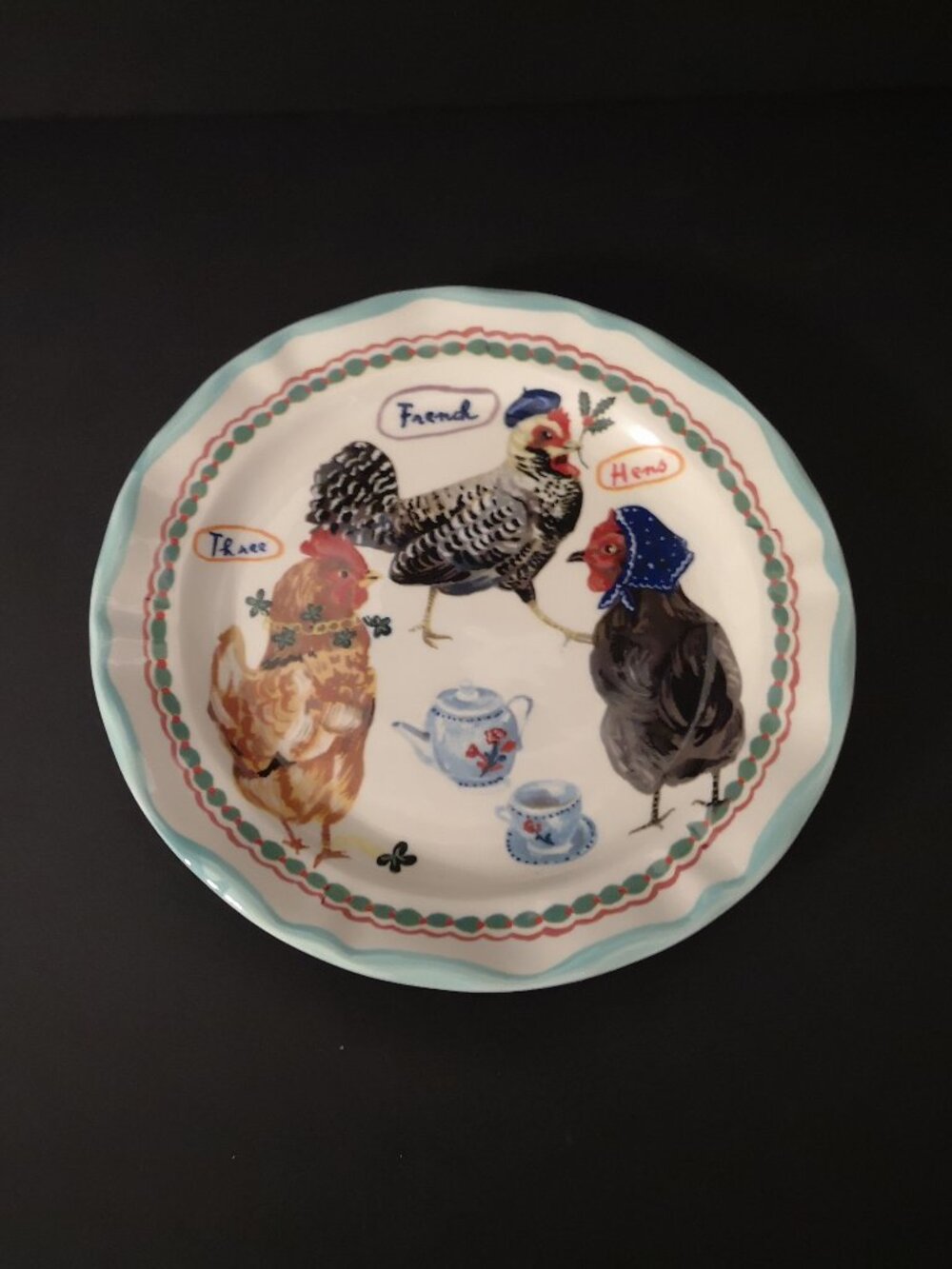Nathalie Lete for Anthropologie Christmas 8" Desert Plate "Three French Hens"